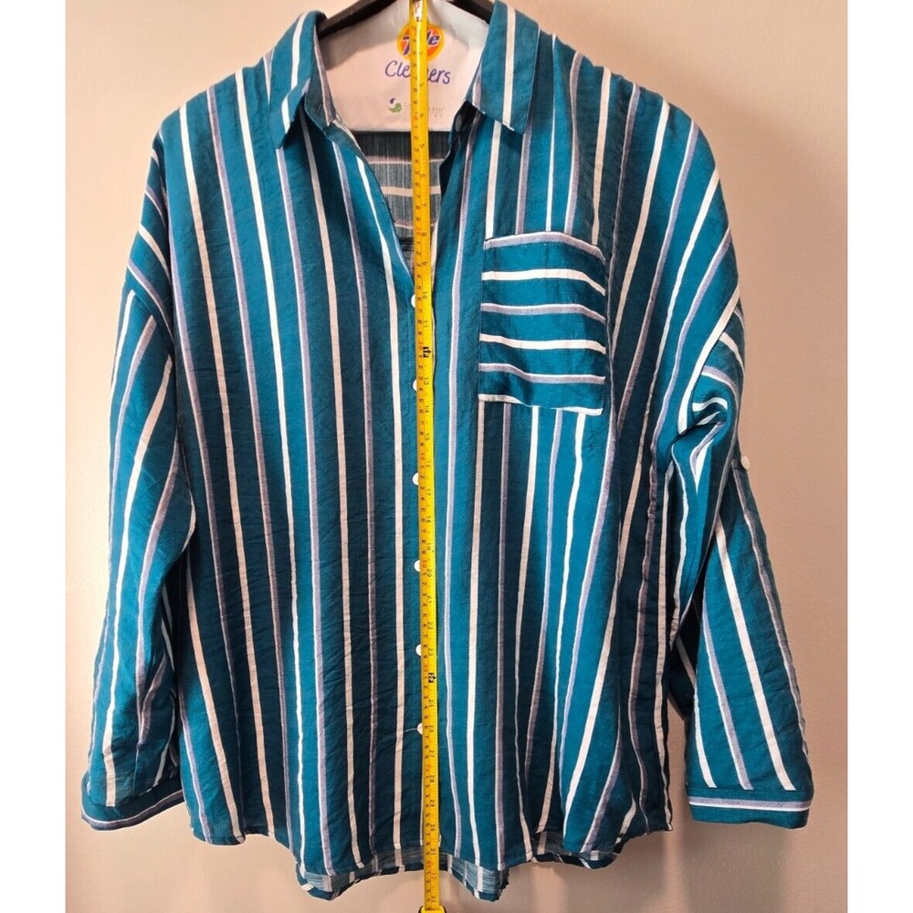 Eden‎ & Olivia Top Women's Turquoise White Stripped Button Down Roll Tab Sleeve - Picture 12 of 14
